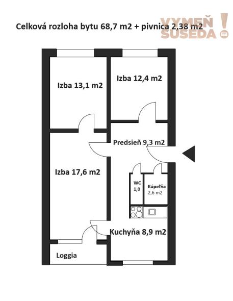 PREDANÉ – 3 izb. výborne dispozične riešený byt 69m2 Bratislava II. Vrakuňa, Toryská ul.