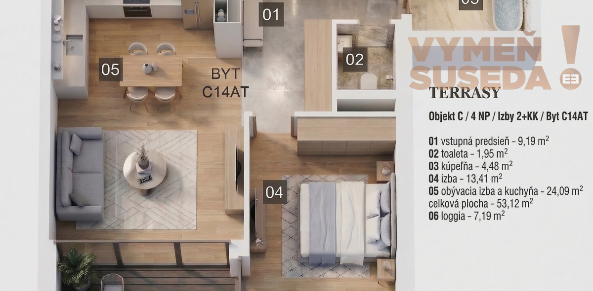VYMEŇ SUSEDA! – PRIESTRANNÝ 2 IZB. BYT V NOVOSTAVBE S LOGGIOU, GARÁŽOVÝM STÁTÍM A PIVNIČNOU KOBKOU, PROJEKT TERRASY, BRATISLAVA III, RAČA.