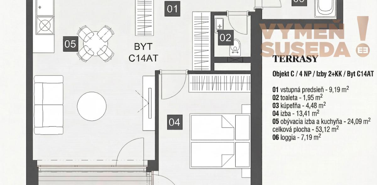 VYMEŇ SUSEDA! – PRIESTRANNÝ 2 IZB. BYT V NOVOSTAVBE S LOGGIOU, GARÁŽOVÝM STÁTÍM A PIVNIČNOU KOBKOU, PROJEKT TERRASY, BRATISLAVA III, RAČA.