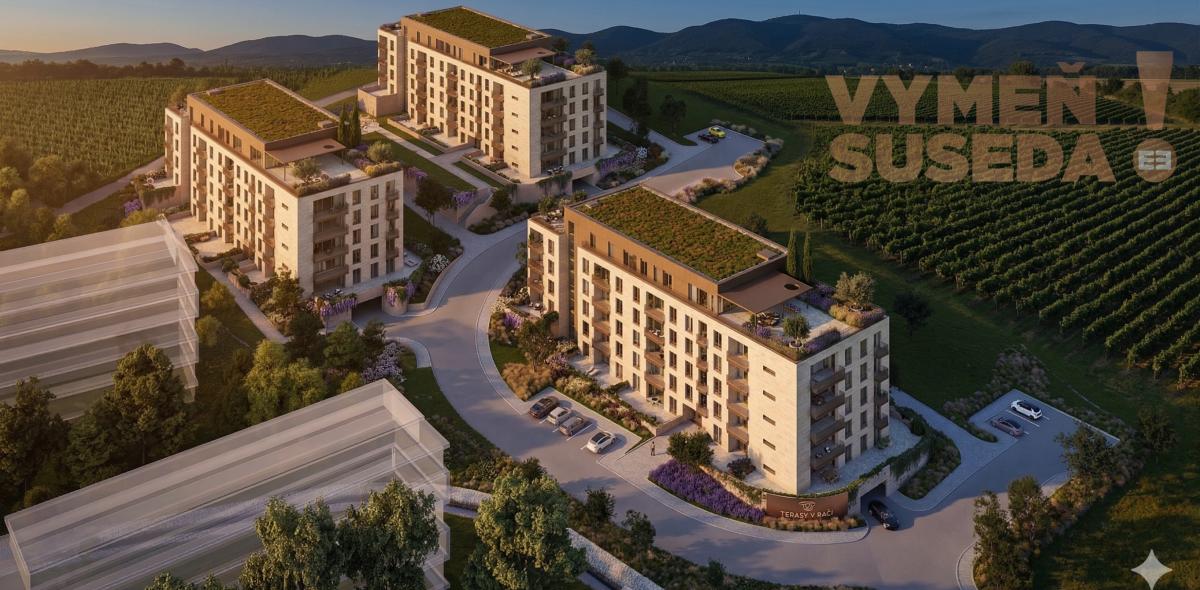 VYMEŇ SUSEDA! – PRIESTRANNÝ 2 IZB. BYT V NOVOSTAVBE S LOGGIOU, GARÁŽOVÝM STÁTÍM A PIVNIČNOU KOBKOU, PROJEKT TERRASY, BRATISLAVA III, RAČA.