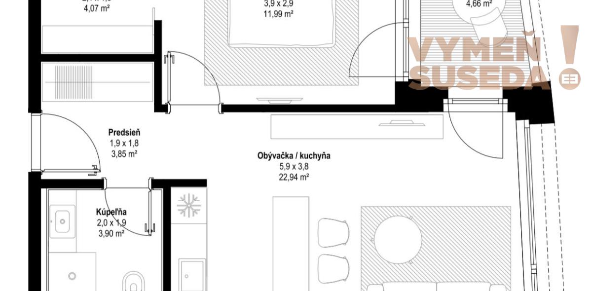 VYMEŇ SUSEDA! – ŠTÝLOVÝ 2-IZBOVÝ BYT S LOGGIOU A VÝHĽADOM NA JURKOVIČOVU TEPLÁREŇ, SKY PARK, BRATISLAVA